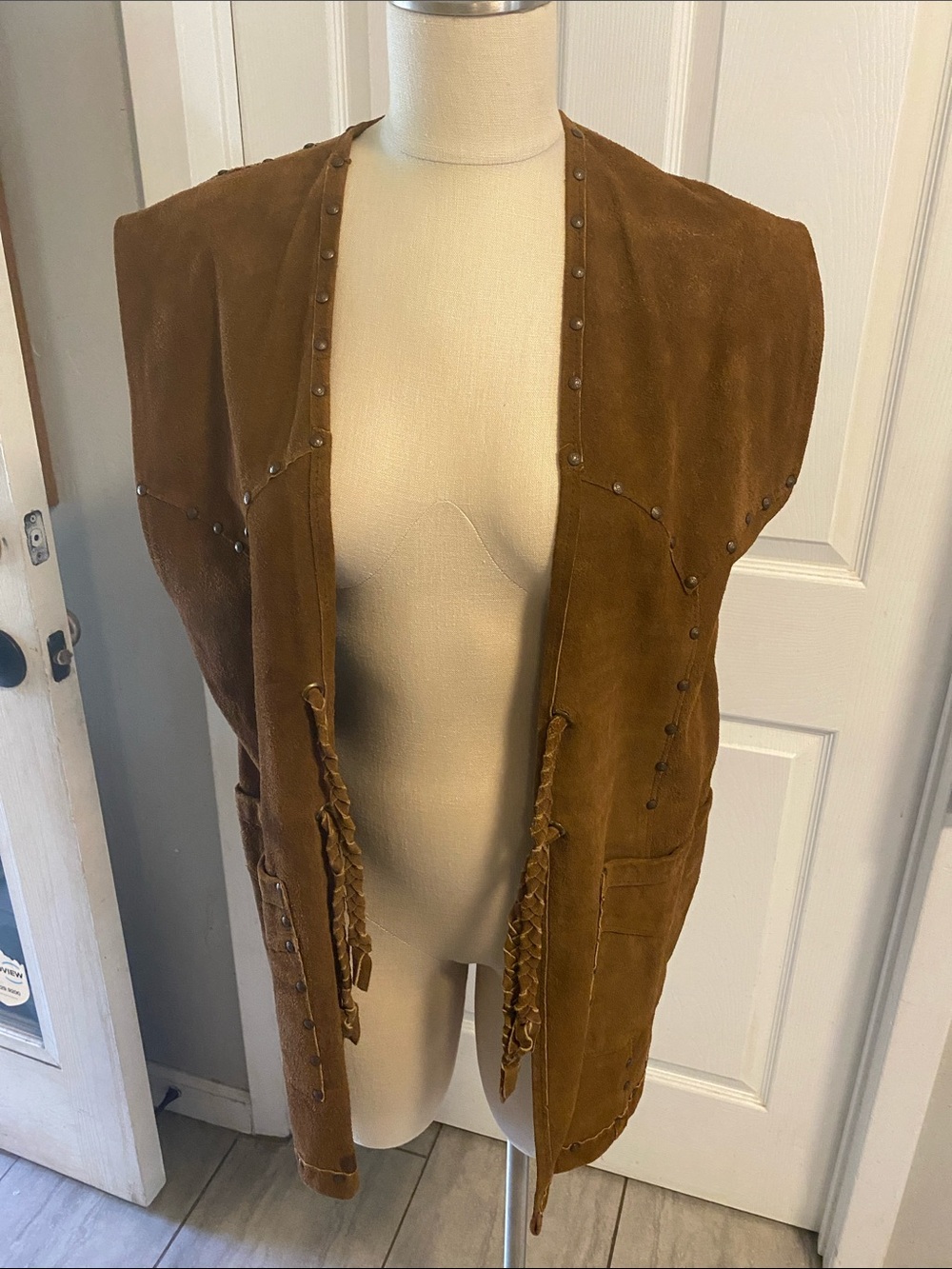 Vintage Pioneer Wear Brown Suede Sleeveless Vest with Braided Ties